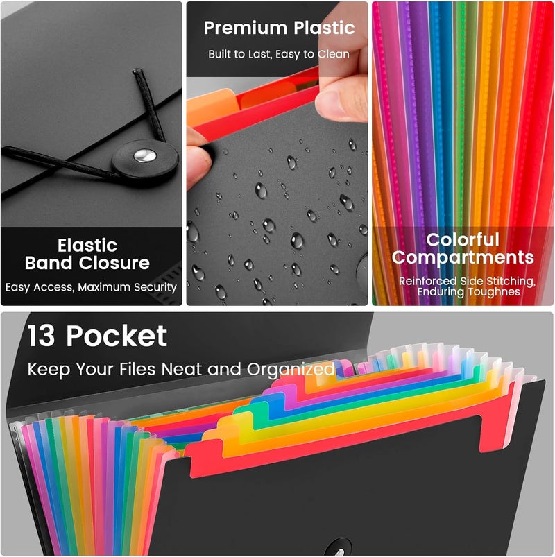 RIEJIN 13 Pocket Accordion File Organizer with Elastic Closure, Expanding File Folder for Letter Size A4 Papers, Ideal for Home, Office Supplies, College Essentials - Black - Image 3